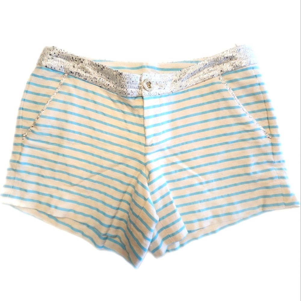 Lilly Pulitzer Callahan Party Shorts W/ Metallic Silver Waistband, Stripe, 2